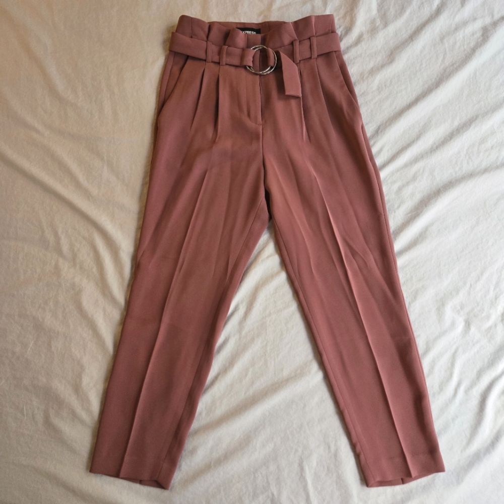 Express High Paperbag Waist belted Ankle Pants sz 0 Short Mauve Pink Red
